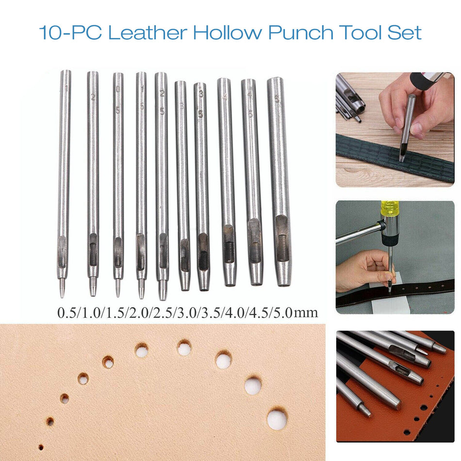 10 PC Set - Leather Hollow Hole Punch Set DIY Craft Hand Tools 0.5-5mm
