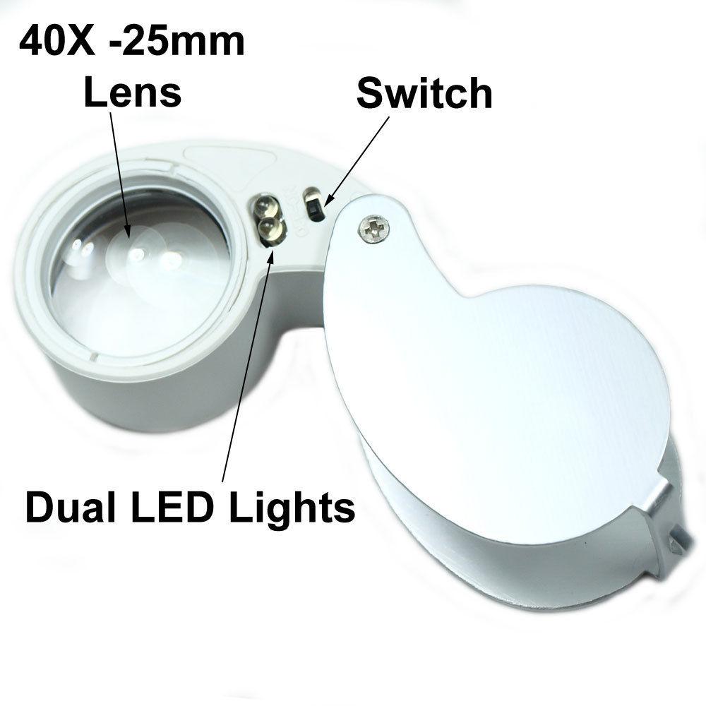 PIXNOR Portable Folding 40X 25mm Metal White LED Illuminated Loupe Jewelry  Magnifier Magnifying Glass (Silver)